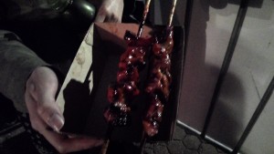 chicken and pork BBQ skewers